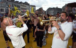Brass players perform after the combat