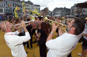 Brass players perform after the combat